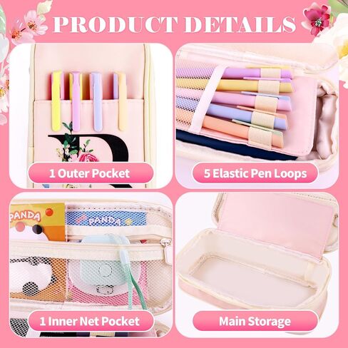 Preppy Pencil Case for Girls, Cute Large Pencil Pouch, Personalized Initial Pencil Bag with Zipper for School College Office Supplies, Back to School Supplies Gifts for Teen Girls (M, Pink) in Kuwait