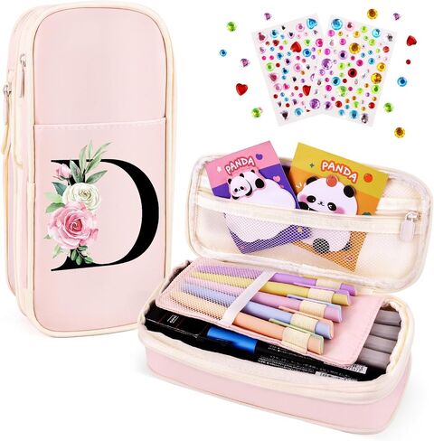 Preppy Pencil Case for Girls, Cute Large Pencil Pouch, Personalized Initial Pencil Bag with Zipper for School College Office Supplies, Back to School Supplies Gifts for Teen Girls (M, Pink) in Kuwait
