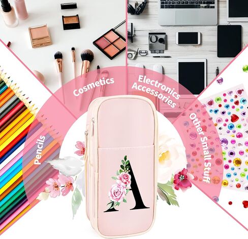 Preppy Pencil Case for Girls, Cute Large Pencil Pouch, Personalized Initial Pencil Bag with Zipper for School College Office Supplies, Back to School Supplies Gifts for Teen Girls (M, Pink) in Kuwait