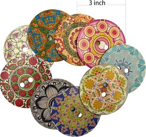 Decorative Wood Buttons with Mandala Patterns, 3 Inch, 20 Pack, Multicolor (Style A) in Kuwait