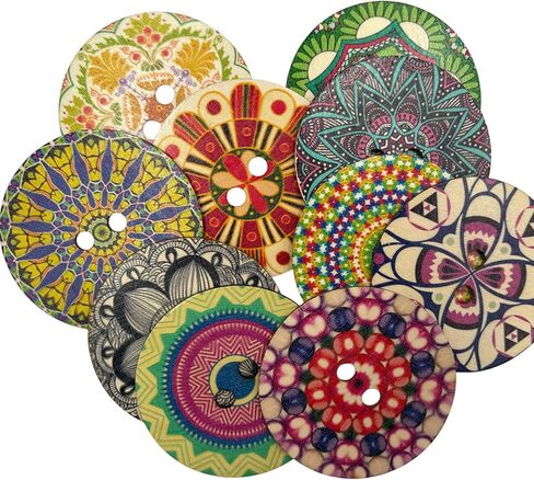 Decorative Wood Buttons with Mandala Patterns, 3 Inch, 20 Pack, Multicolor (Style A) in Kuwait