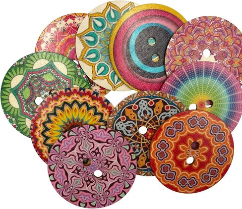 Decorative Wood Buttons with Mandala Patterns, 3 Inch, 20 Pack, Multicolor (Style A) in Kuwait