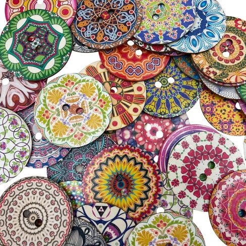Decorative Wood Buttons with Mandala Patterns, 3 Inch, 20 Pack, Multicolor (Style A) in Kuwait