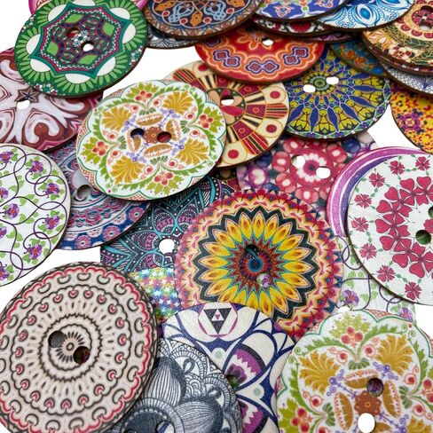 Decorative Wood Buttons with Mandala Patterns, 3 Inch, 20 Pack, Multicolor (Style A) in Kuwait
