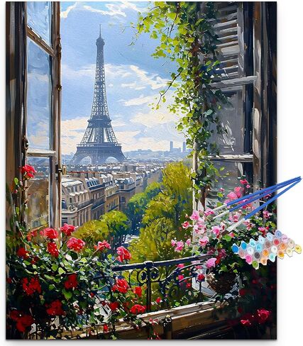 Artunion Paris Window View Paint by Numbers kit for البالغين ، طلاء مدينة إيفل من قبل مجموعات الأرقام ، الطلاء الاكريليك DIY بأرقام أرقام على Canvas Arts Craft for Home Wall Decor in Kuwait