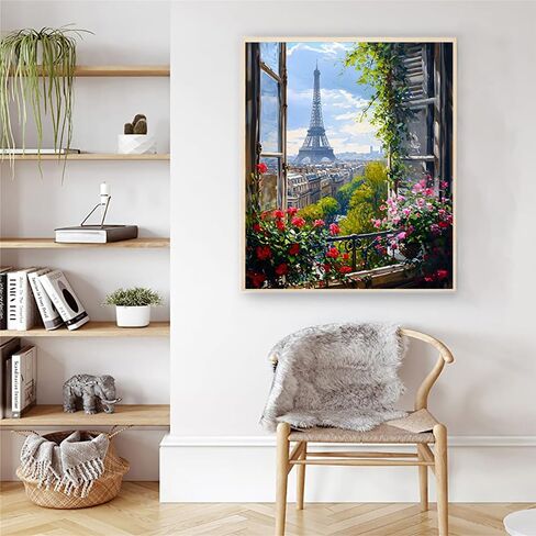 Artunion Paris Window View Paint by Numbers kit for البالغين ، طلاء مدينة إيفل من قبل مجموعات الأرقام ، الطلاء الاكريليك DIY بأرقام أرقام على Canvas Arts Craft for Home Wall Decor in Kuwait