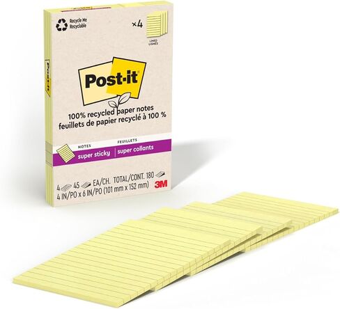 ورق ملاحظات لاصق للغاية معاد تدويره بنسبة 100% من Post-it، 2X قوة الالتصاق، 4x6 بوصة، 4 وسادات، 45 ورقة/وسادة، مجموعة Oasis (4621R-4SST) in Saudi Arabia