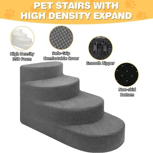 Dog Stairs for Small Dogs, Foam Steps for Small Dogs & Cats, 4 Steps Dog Ramp for High Beds, Couch, Window, Sofa, Pet Stairs with Removable Washable Cover, Non-Slip Sturdy Pet Steps, Gray in Kuwait