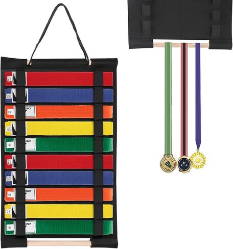 JUXYES Wall Hanging Martial Arts Belts Organizer for 12 Belts, Portable Karate Belt Display Holder with Medals Hanging Stick, Lightweight Hanging Taekwondo Belt Display Holder for Martial Arts Learner in Kuwait
