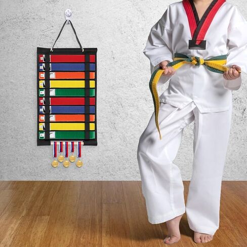 JUXYES Wall Hanging Martial Arts Belts Organizer for 12 Belts, Portable Karate Belt Display Holder with Medals Hanging Stick, Lightweight Hanging Taekwondo Belt Display Holder for Martial Arts Learner in Kuwait