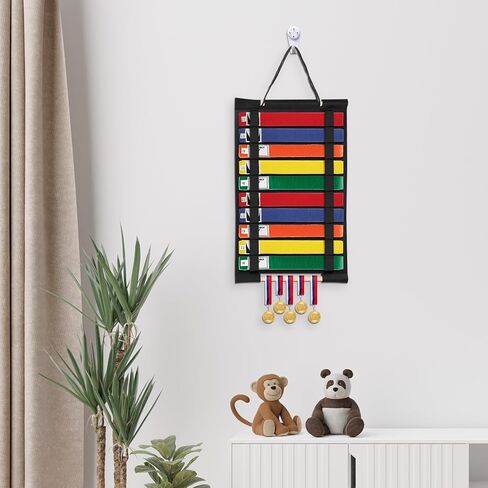 JUXYES Wall Hanging Martial Arts Belts Organizer for 12 Belts, Portable Karate Belt Display Holder with Medals Hanging Stick, Lightweight Hanging Taekwondo Belt Display Holder for Martial Arts Learner in Kuwait