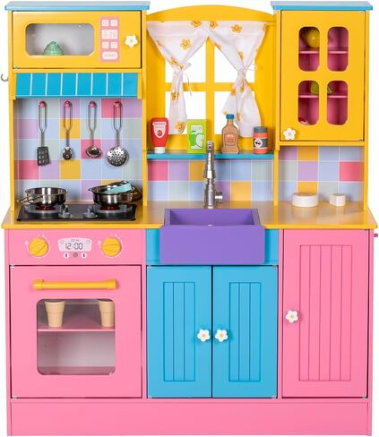 Kids Kitchen Playset, Wooden Pretend Play Kitchen for Kids w/Faucet, Sink, Stove, Oven, Curtains, Cookware, Storage Cabinets, Toddler Role Play Toy Kitchen Set Gift for Girls Boys Ages 3+ in Kuwait