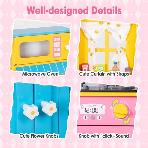 Kids Kitchen Playset, Wooden Pretend Play Kitchen for Kids w/Faucet, Sink, Stove, Oven, Curtains, Cookware, Storage Cabinets, Toddler Role Play Toy Kitchen Set Gift for Girls Boys Ages 3+ in Kuwait