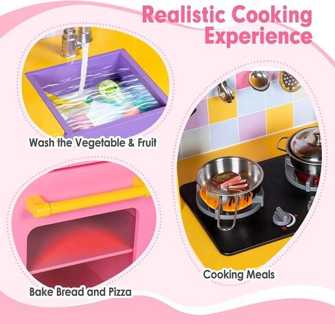 Kids Kitchen Playset, Wooden Pretend Play Kitchen for Kids w/Faucet, Sink, Stove, Oven, Curtains, Cookware, Storage Cabinets, Toddler Role Play Toy Kitchen Set Gift for Girls Boys Ages 3+ in Kuwait