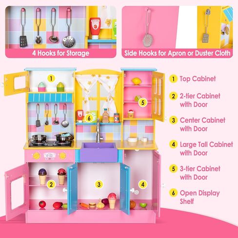 Kids Kitchen Playset, Wooden Pretend Play Kitchen for Kids w/Faucet, Sink, Stove, Oven, Curtains, Cookware, Storage Cabinets, Toddler Role Play Toy Kitchen Set Gift for Girls Boys Ages 3+ in Kuwait