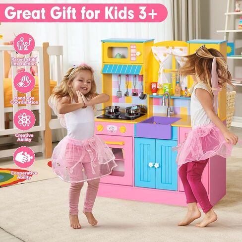 Kids Kitchen Playset, Wooden Pretend Play Kitchen for Kids w/Faucet, Sink, Stove, Oven, Curtains, Cookware, Storage Cabinets, Toddler Role Play Toy Kitchen Set Gift for Girls Boys Ages 3+ in Kuwait