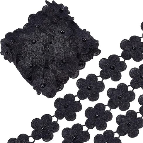 GORGECRAFT 4 Yard 3D Flower Lace Edge Trim Ribbon Pearl Beads Edging Trimmings Embroidered Applique Fabric Vintage Sewing Craft for Wedding Dress Embellishment DIY Dress Decor(Black) in Saudi Arabia