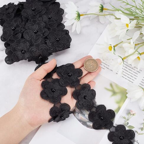 GORGECRAFT 4 Yard 3D Flower Lace Edge Trim Ribbon Pearl Beads Edging Trimmings Embroidered Applique Fabric Vintage Sewing Craft for Wedding Dress Embellishment DIY Dress Decor(Black) in Saudi Arabia