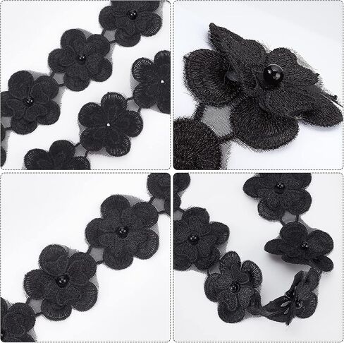 GORGECRAFT 4 Yard 3D Flower Lace Edge Trim Ribbon Pearl Beads Edging Trimmings Embroidered Applique Fabric Vintage Sewing Craft for Wedding Dress Embellishment DIY Dress Decor(Black) in Saudi Arabia