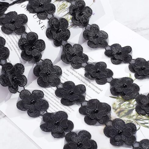 GORGECRAFT 4 Yard 3D Flower Lace Edge Trim Ribbon Pearl Beads Edging Trimmings Embroidered Applique Fabric Vintage Sewing Craft for Wedding Dress Embellishment DIY Dress Decor(Black) in Saudi Arabia