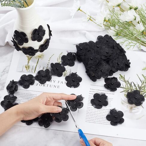 GORGECRAFT 4 Yard 3D Flower Lace Edge Trim Ribbon Pearl Beads Edging Trimmings Embroidered Applique Fabric Vintage Sewing Craft for Wedding Dress Embellishment DIY Dress Decor(Black) in Saudi Arabia