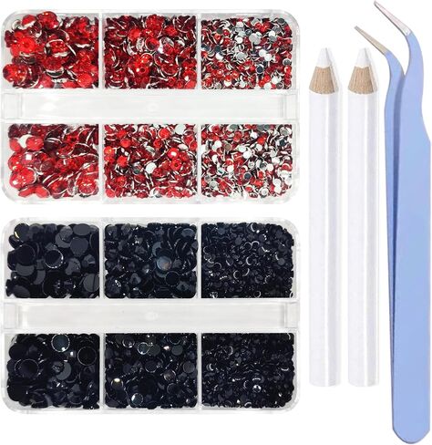 8000 Pieces Red & Black Non Hotfix Flat Back Gems Round Resin Rhinestones Kit 4 Mixed Sizes（2-5mm） with Picking Pen and Tweezer for Nails Crafts Makeup Eyes DIY Christmas Gift Clothes Phone Bottles in Kuwait