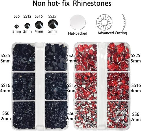 8000 Pieces Red & Black Non Hotfix Flat Back Gems Round Resin Rhinestones Kit 4 Mixed Sizes（2-5mm） with Picking Pen and Tweezer for Nails Crafts Makeup Eyes DIY Christmas Gift Clothes Phone Bottles in Kuwait