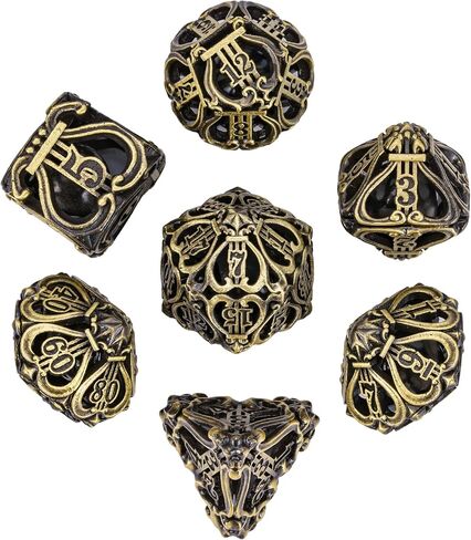 Cusdie 7-Die Metal Dice Set - Hollow Design with Bells - Crisp Sounding Gaming Dice in Tin Box - Perfect for Tabletop RPGs & Board Games(Ancient Bronze) in Saudi Arabia