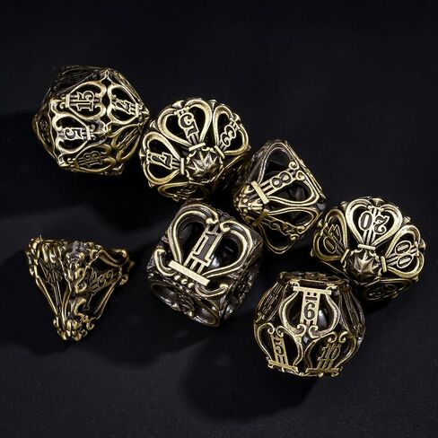 Cusdie 7-Die Metal Dice Set - Hollow Design with Bells - Crisp Sounding Gaming Dice in Tin Box - Perfect for Tabletop RPGs & Board Games(Ancient Bronze) in Saudi Arabia
