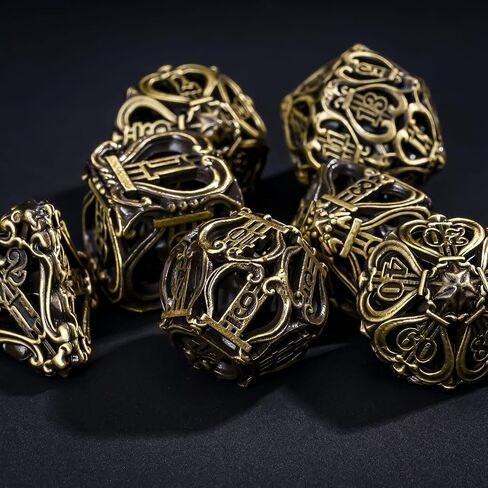 Cusdie 7-Die Metal Dice Set - Hollow Design with Bells - Crisp Sounding Gaming Dice in Tin Box - Perfect for Tabletop RPGs & Board Games(Ancient Bronze) in Saudi Arabia