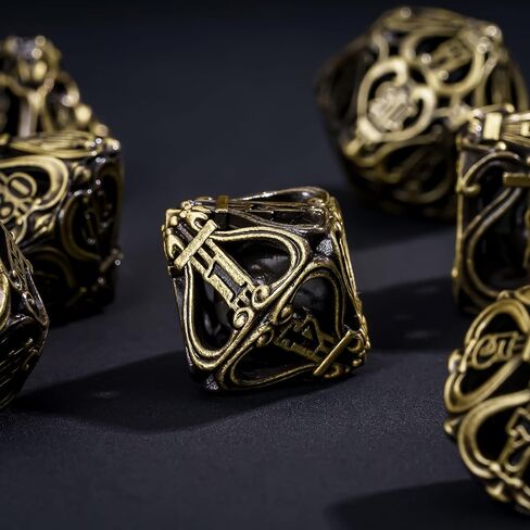 Cusdie 7-Die Metal Dice Set - Hollow Design with Bells - Crisp Sounding Gaming Dice in Tin Box - Perfect for Tabletop RPGs & Board Games(Ancient Bronze) in Saudi Arabia