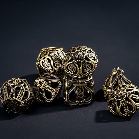 Cusdie 7-Die Metal Dice Set - Hollow Design with Bells - Crisp Sounding Gaming Dice in Tin Box - Perfect for Tabletop RPGs & Board Games(Ancient Bronze) in Saudi Arabia