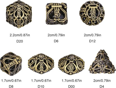 Cusdie 7-Die Metal Dice Set - Hollow Design with Bells - Crisp Sounding Gaming Dice in Tin Box - Perfect for Tabletop RPGs & Board Games(Ancient Bronze) in Saudi Arabia