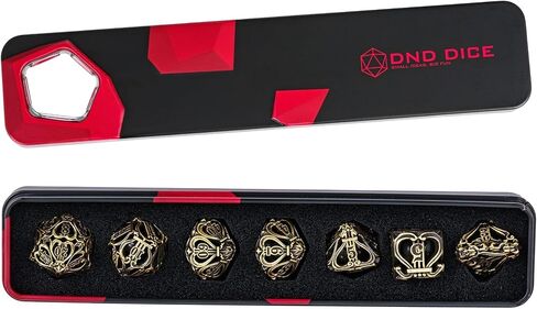 Cusdie 7-Die Metal Dice Set - Hollow Design with Bells - Crisp Sounding Gaming Dice in Tin Box - Perfect for Tabletop RPGs & Board Games(Ancient Bronze) in Saudi Arabia