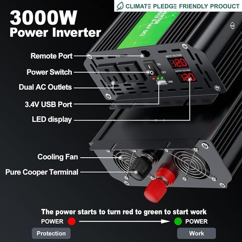 3000W Power Inverter,Peak Power 6000W 12V DC to AC 110V120V,Remote Control with 2AC Outlets and 2.4USB Port,LCD Display for Power Converter,Outdoor Activities,Emergency,Vehicles Truck RV Solar System in Saudi Arabia