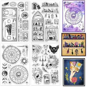 GLOBLELAND 4 Sheets Magic Divination Clear Stamps for Card Making Retro Ticket Gothic Bookshelf Books Train Silicone Clear Stamp Seals Vintage Postmark Transparent Stamps for DIY Scrapbooking