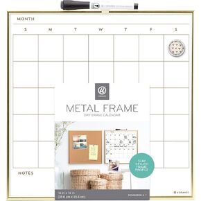 U Brands Magnetic Dry Erase Calendar, Includes Marker and Magnets, White Surface with Gold Tone Printing and Frame, 14" x 14", 1 Count