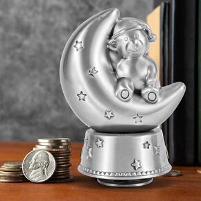 Lihou PapaQ Metal Musical Box Moon Bear Piggy Bank for Kids,Coin Bank in Brushed Pewter Finish,Savings Bank,Retro Decoration,Gifts for Christmas,Birthdays and All Holidays