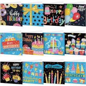 Saillong 12 Pack Happy Birthday Diamond Painting Greeting Card Kits DIY Diamond Art Cards with Envelopes Birthday Cake 5d Rhinestones Painting Kits for Adults DIY Crafts Family Friend Birthday Gifts