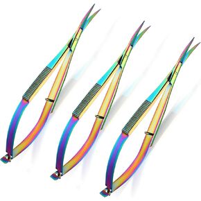 Lasnten 3 Pack Curved Stainless Steel Spring Squeeze Embroidery Scissors Eyebow Grooming Trimming Scissors Thread Snips Clippers Also for Applique, Fabric, Knitting, Sewing, Arts & Craft (Multicolor)