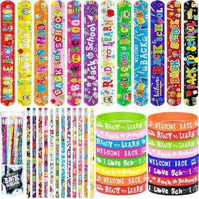 durony 24 Welcome Back to School Pencils 24 First Day of School Rubber Bracelets Silicone Wristbands 24 Back to School Slap Bracelets for Boys Girls School Classroom Exchange Prizes Gifts, 12 Styles