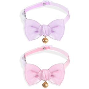 2 Pack Breakaway Cat Collars with Bow Tie Bell, Breakaway Kitten Collar, Silk Pink Cat Collar Bow, Adjustable Cat Kitten Plaid Collars with Bowtie Bell for Cats Kittens