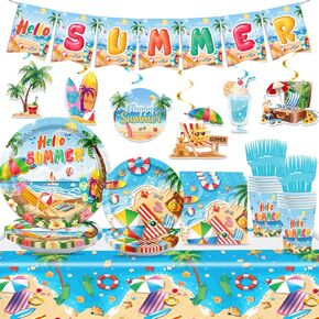 128PCS Beach Party Supplies, Beach Party Decorations Serves 24 with Summer Party Plates Napkins Banner Hanging Swirls Tablecloth Forks Cups for Hawaiian, Summer Party, Beach Birthday Party Decorations