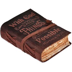 LEATHER VILLAGE Leather Bound Vintage Bible Journal – With God All Things Are Possible – 200 Deckle Edge 200 GSM Watercolor Paper - Handmade Christian Journal for Men Women – 7x5 Inch - Brown