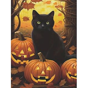 NWQZBYHT Halloween Diamond Art Kits for Adults, Cat Pumpkin 5D Diamond Painting Kits for Beginner,Round Full Drill Gem Art for Adults,DIY Diamond Dots Painting Crafts Home Wall Decor 12x16 Inch