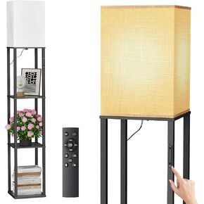 Floor Lamp with Shelves, Modern Wood Shelf Standing Lamp with 3 Tier Storage, Remote & Touch Control, Corner Tall Bookshelf Floor Lamp for Living Room and Bedroom - 12W Bulb Included