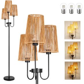Dimmable Boho Floor Lamp - Farmhouse Floor Lamps for Living Room, 3 Lights Rustic Standing Tall Lamp with Elegant Rattan Cage Head & 7W LED Bulbs, Tree Lamps for Bedroom, Office, 65", Black