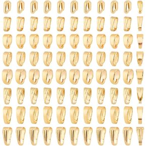 PH PandaHall 160pcs 18K Gold Plated Pinch Clip Bail Clasps Pendant Clasp Connectors, 8 Styles Snap on Bails Pendant Brass Necklace Snap Bails for Neckalace Bracelet Jewelry Making DIY Craft