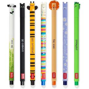 LEGAMI Set of 7 erasable gel pens with thermal sensitive ink, ink color gamut and keg patterns, 0.7mm tip, panda, cat, bee, llama, lion, hippopotamus and dinosaur patterns