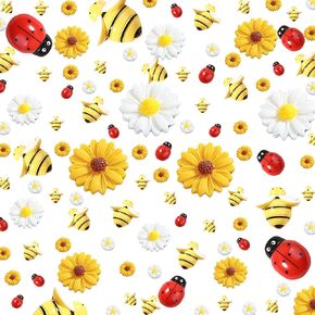 210PCS Tiny Bee Daisy Flowers Decor, Mini Bumblebee Sunflowers Ladybugs Embellishment Sunflower Bees Tiny Bees Ladybugs Craft Decoration Flatback Craft with Box for DIY Scrapbooking Party Spring Decor